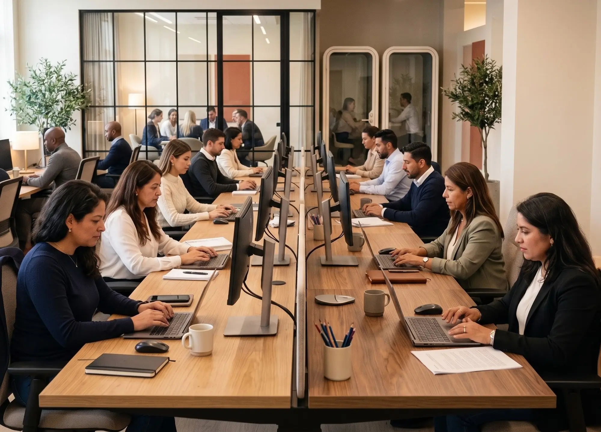 Desk Sharing im Büro: Mitarbeitende arbeiten an langen, geteilten Schreibtischreihen in einem hellen Großraumbüro