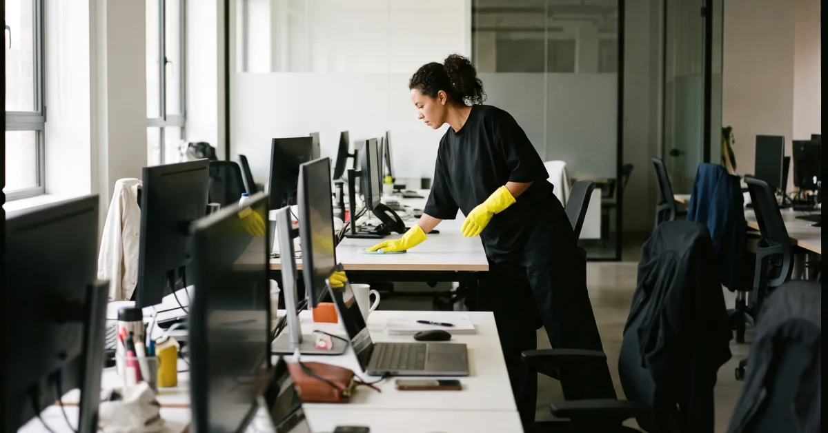 Desk Sharing im Büro: Eine Mitarbeiterin der GWV-Crew wischt im Großraumbüro einen geteilten Schreibtisch ab