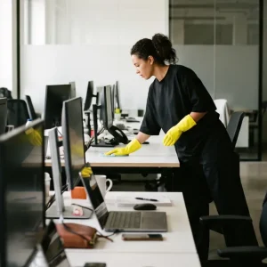 Desk Sharing im Büro: Eine Mitarbeiterin der GWV-Crew wischt im Großraumbüro einen geteilten Schreibtisch ab